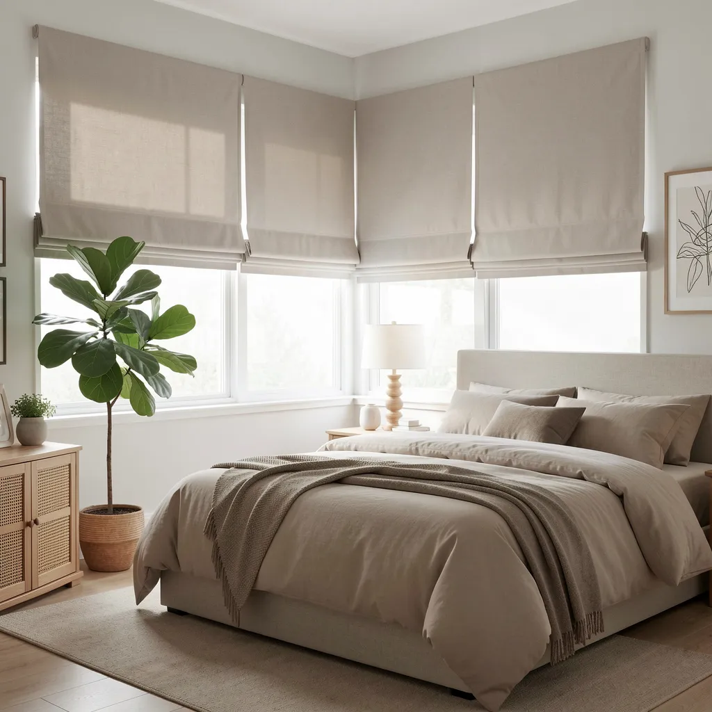 Bedroom with roman blinds in neutral tone