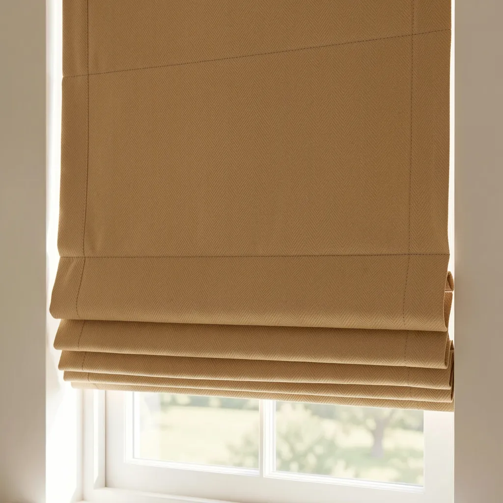 Roman blinds in warm sand color for window styling